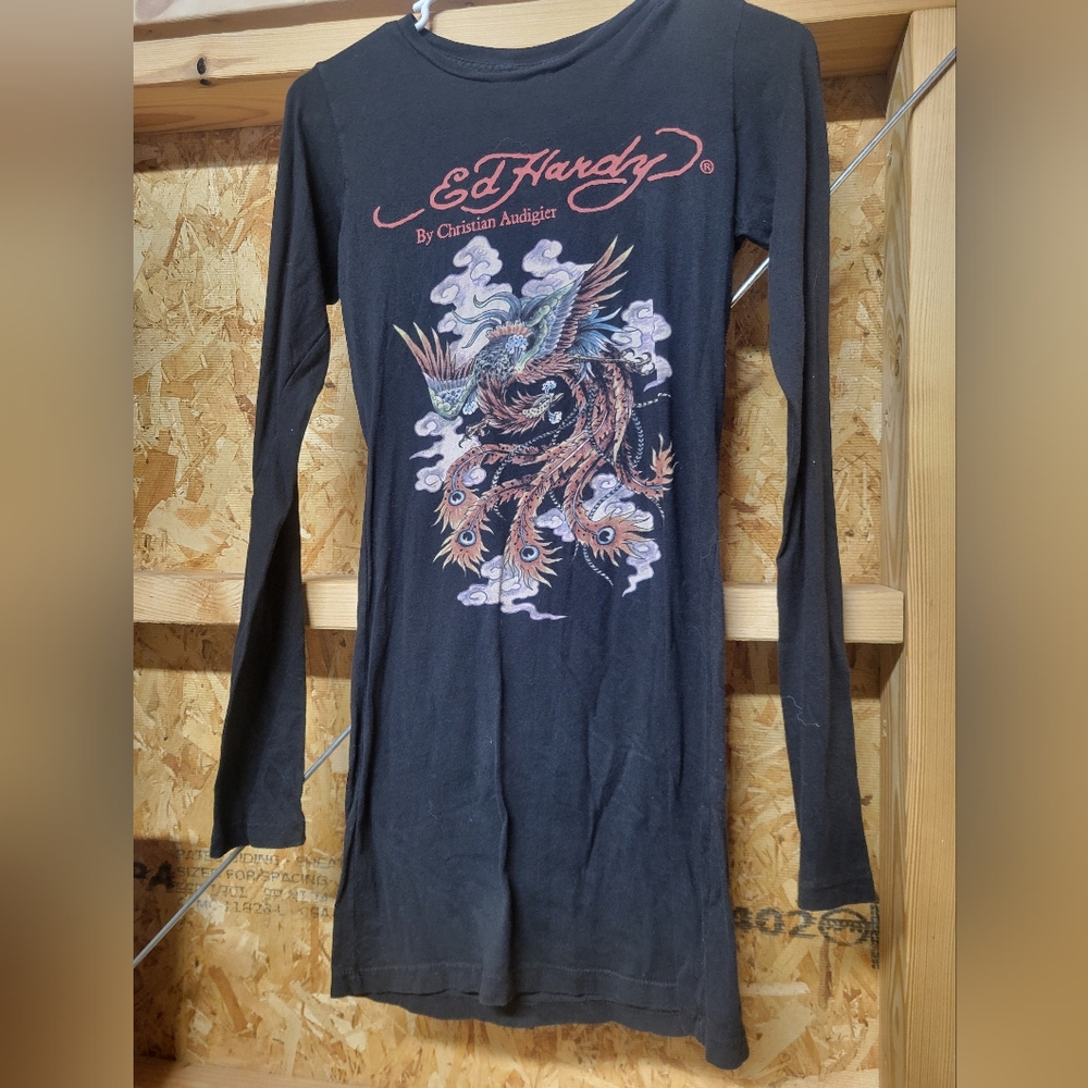 Ed Hardy Black Mini Dress with Vibrant Graphic